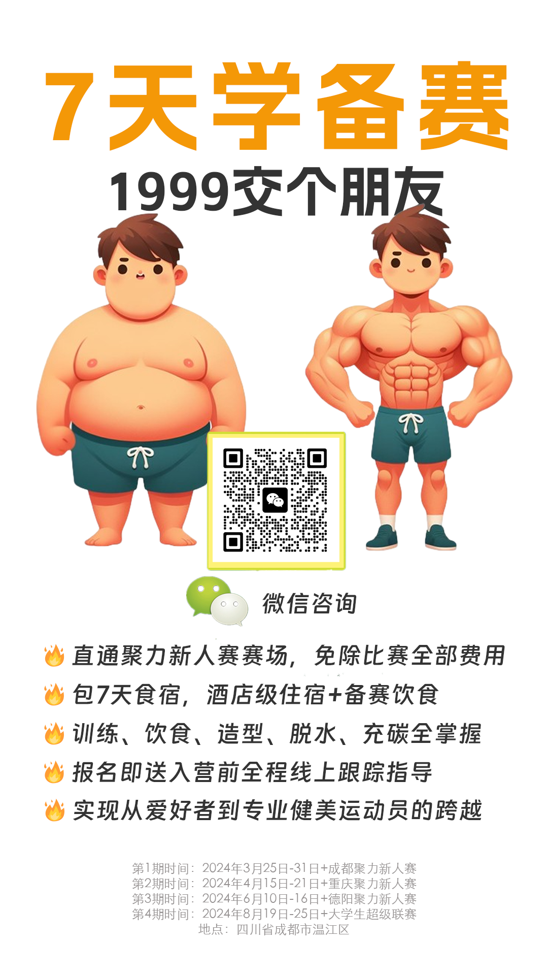 聚力健美7天备赛冲刺班 新人大学生健美备赛培训班 包食宿免比赛报名费 重庆/成都/南京/昆明/兰州/杭州/德阳/广州/武汉/贵阳健身健美备赛学习